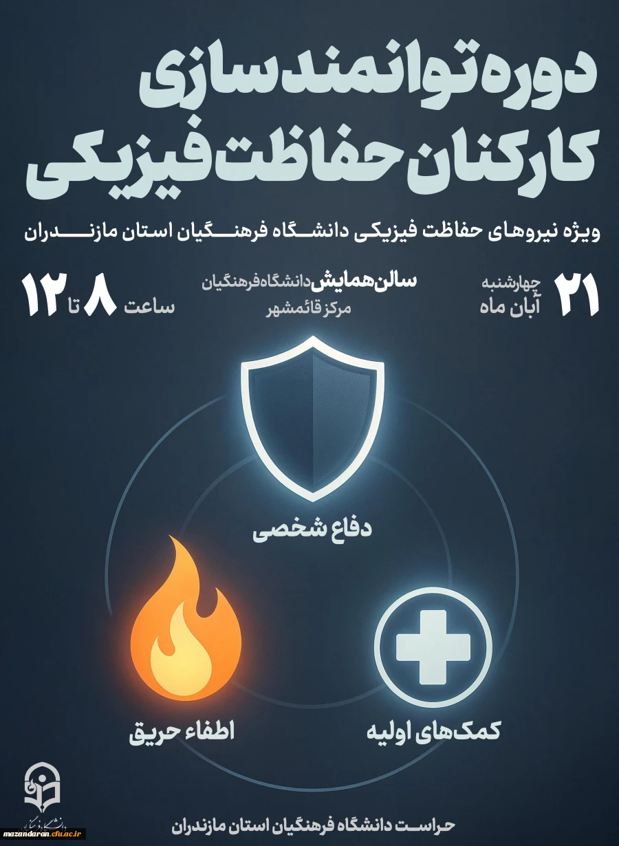 اطلاعیه دوره توانمند سازی کارکنان حفاظت فیزیکی دانشگاه فرهنگیان استان مازندران
 2